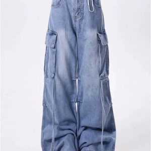 Trendy Extreme Wide-Leg Cargo Jeans for Y2K and 90s Fashion Lovers