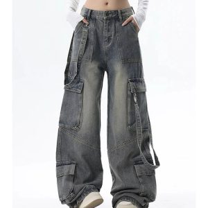 Trendy Extreme Wide-Leg Cargo Jeans for Y2K and 90s Fashion Lovers