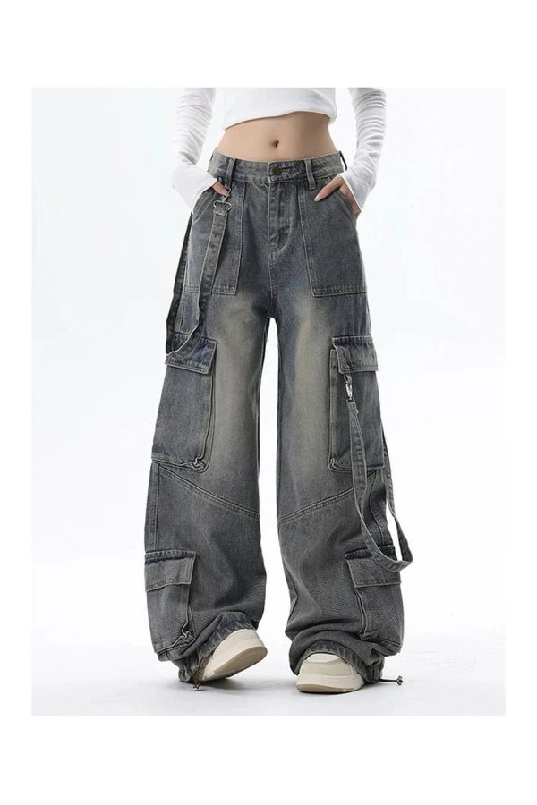 Trendy Extreme Wide-Leg Cargo Jeans for Y2K and 90s Fashion Lovers