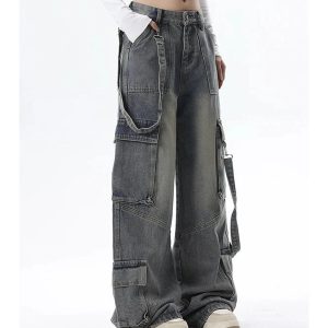 Trendy Extreme Wide-Leg Cargo Jeans for Y2K and 90s Fashion Lovers