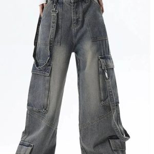 Trendy Extreme Wide-Leg Cargo Jeans for Y2K and 90s Fashion Lovers