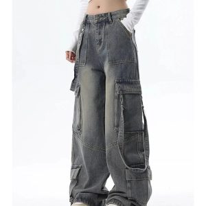 Trendy Extreme Wide-Leg Cargo Jeans for Y2K and 90s Fashion Lovers