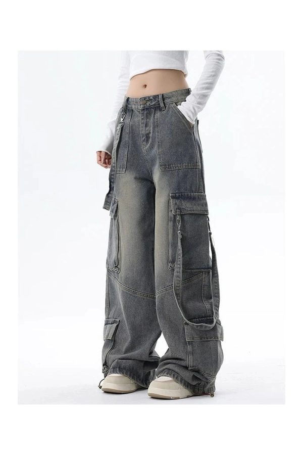 Trendy Extreme Wide-Leg Cargo Jeans for Y2K and 90s Fashion Lovers