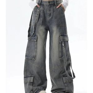 Trendy Extreme Wide-Leg Cargo Jeans for Y2K and 90s Fashion Lovers