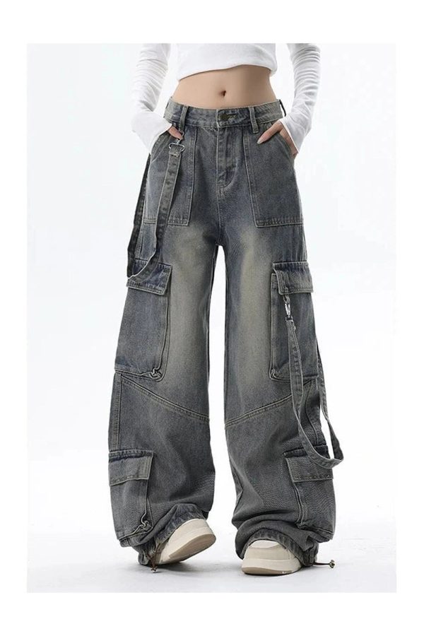 Trendy Extreme Wide-Leg Cargo Jeans for Y2K and 90s Fashion Lovers