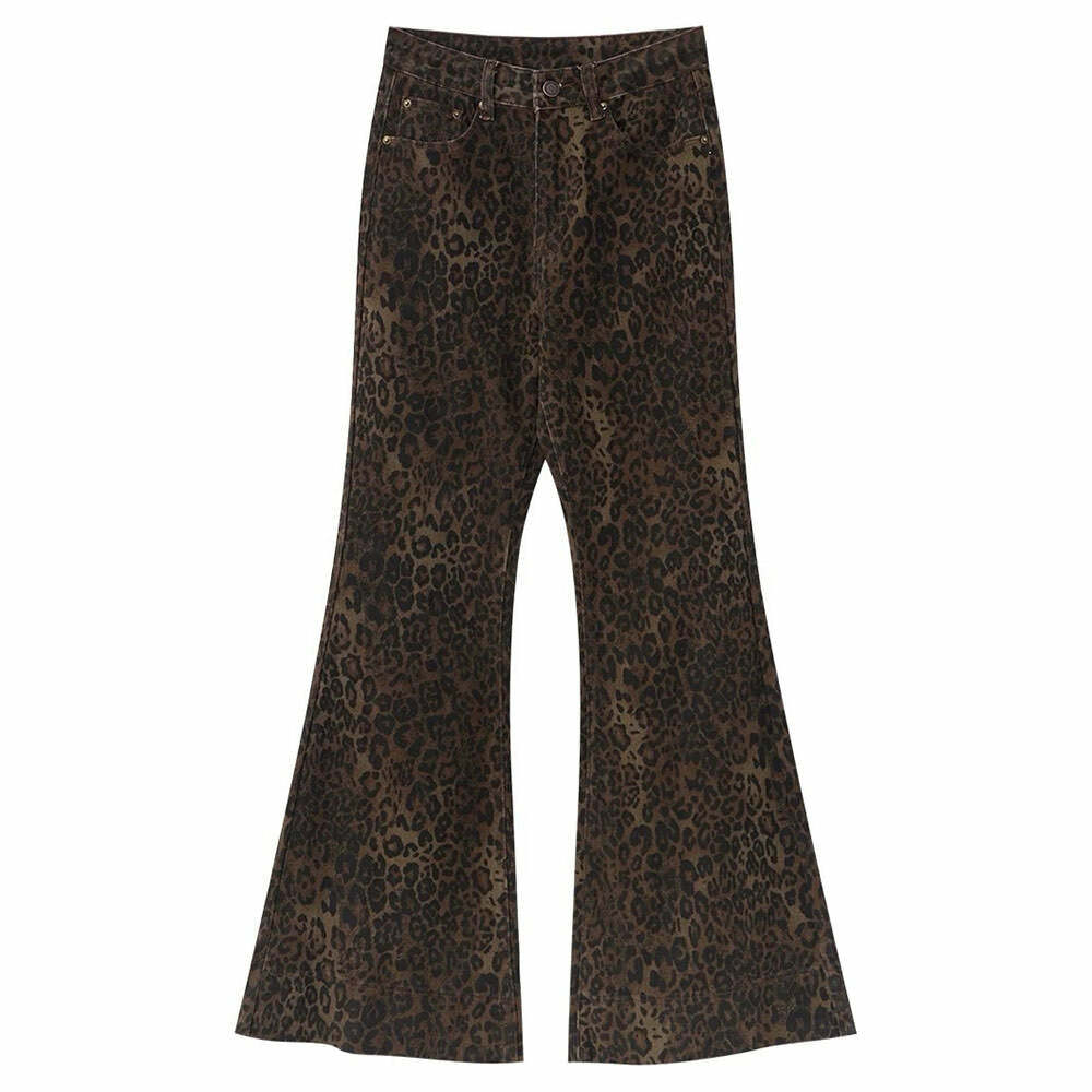 Trendy High-Waisted Leopard Flare Jeans for Y2K and 90s Fashion Lovers