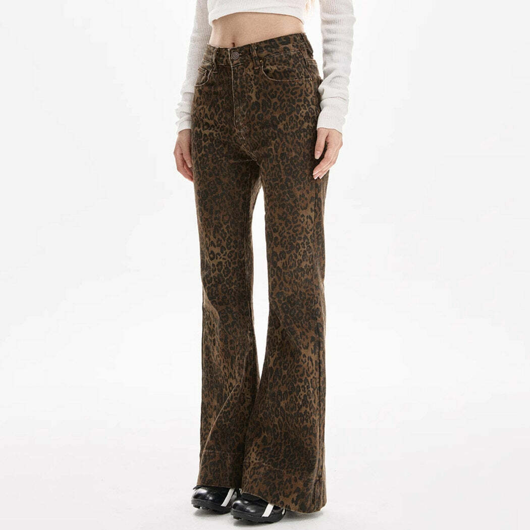 Trendy High-Waisted Leopard Flare Jeans for Y2K and 90s Fashion Lovers