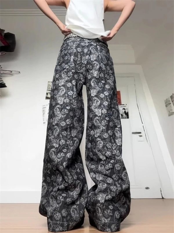 Trendy Paisley Shadow Wide-Leg Pants for Y2K and 90s Fashion Lovers