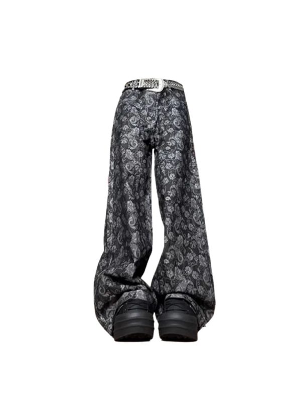 Trendy Paisley Shadow Wide-Leg Pants for Y2K and 90s Fashion Lovers