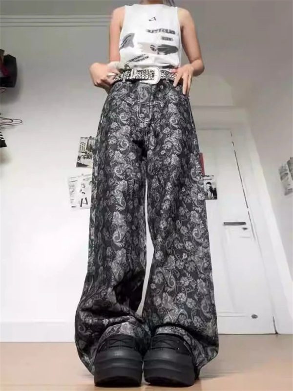 Trendy Paisley Shadow Wide-Leg Pants for Y2K and 90s Fashion Lovers