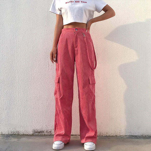 Trendy Pink Cord Cargo Pants for Y2K Fashion and Summer Outfits