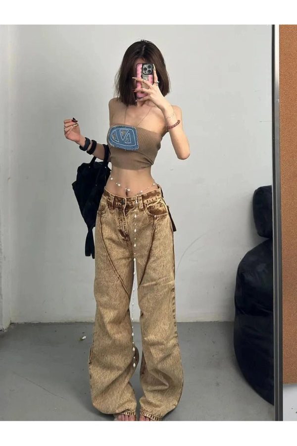 Trendy Sandstone Washed Baggy Jeans for Y2K and 90s Fashion Lovers