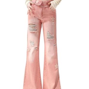 Trendy Starry Pink Distressed Baggy Jeans for Y2K Fashion Lovers