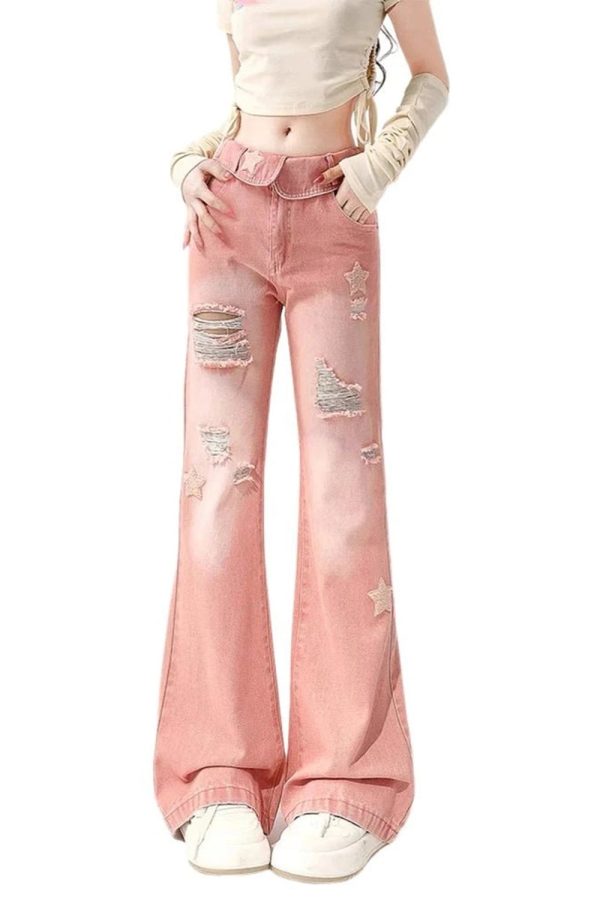 Trendy Starry Pink Distressed Baggy Jeans for Y2K Fashion Lovers