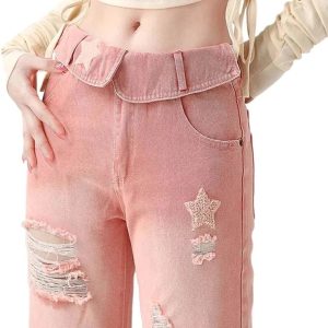 Trendy Starry Pink Distressed Baggy Jeans for Y2K Fashion Lovers