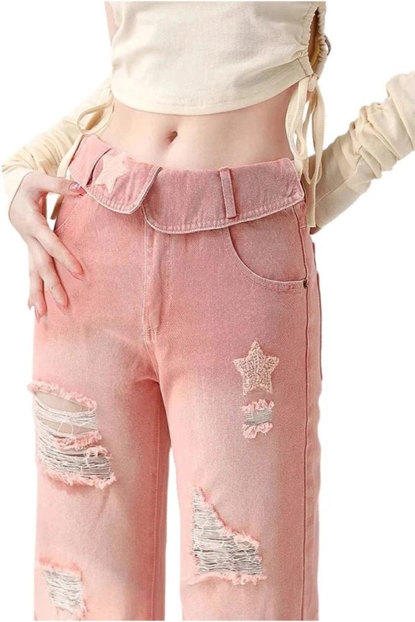 Trendy Starry Pink Distressed Baggy Jeans for Y2K Fashion Lovers