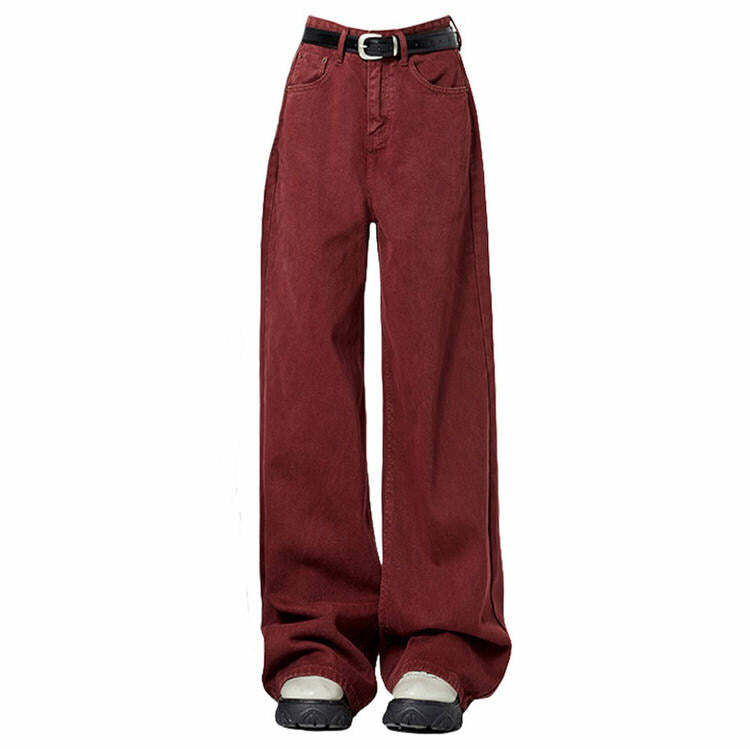 Trendy Wine Red Wide-Leg Jeans for Y2K Fashion & 90s Aesthetic