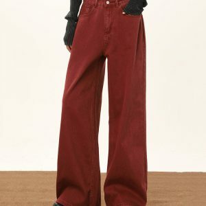 Trendy Wine Red Wide-Leg Jeans for Y2K Fashion & 90s Aesthetic