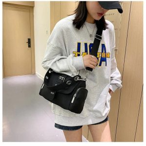 Trendy Y2K Buckled Utility Shoulder Bag for Chic Summer Outfits