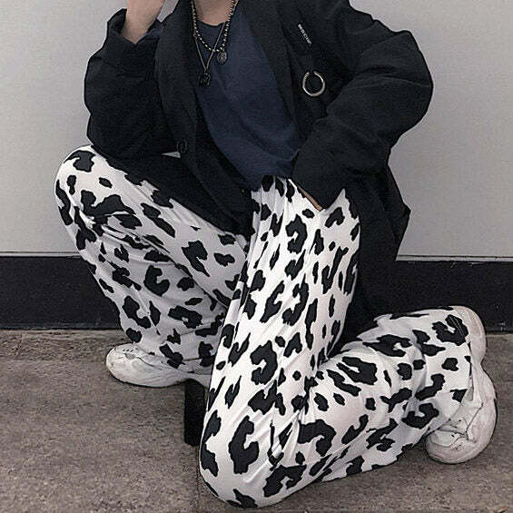 Trendy Y2K Cow Print Cargo Pants for a Grunge Aesthetic Look