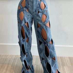 Trendy Y2K Cutout Denim Pants for Grunge and 90s Fashion Lovers