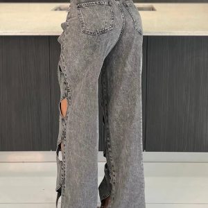 Trendy Y2K Cutout Denim Pants for Grunge and 90s Fashion Lovers