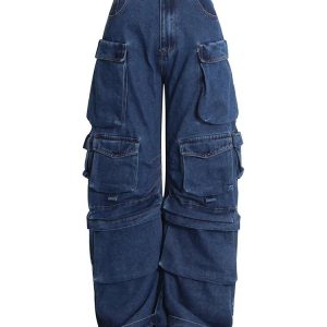 Trendy Y2K Deep Sea Cargo Denim Pants for Effortless Summer Style