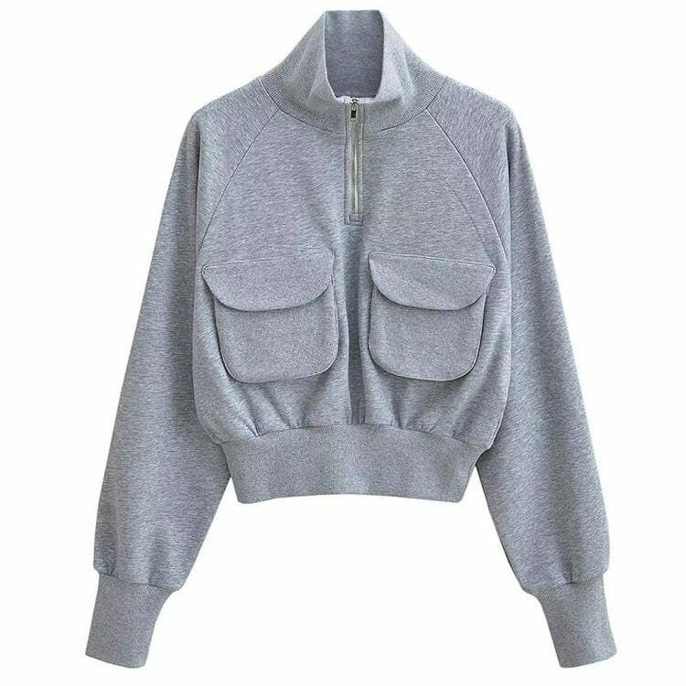 Trendy Y2K Grey Zip-Up Sweatshirt with Front Pockets for Stylish Outfits