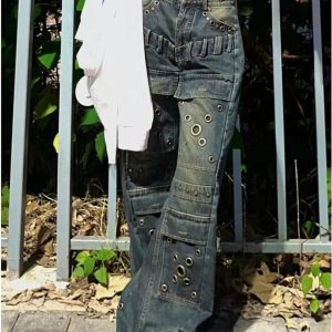 Trendy Y2K Industrial Grommet Cargo Jeans for Grunge Aesthetic Style