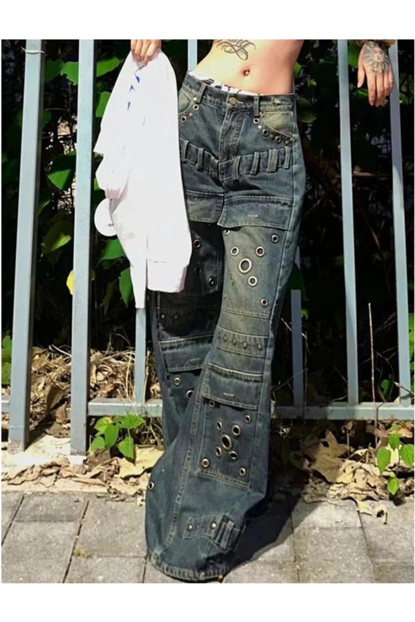 Trendy Y2K Industrial Grommet Cargo Jeans for Grunge Aesthetic Style