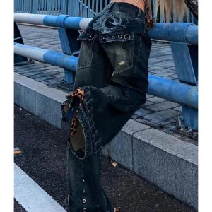 Trendy Y2K Industrial Grommet Cargo Jeans for Grunge Aesthetic Style