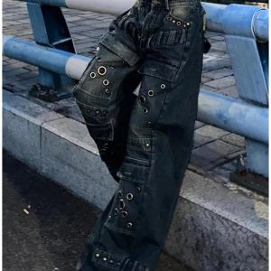 Trendy Y2K Industrial Grommet Cargo Jeans for Grunge Aesthetic Style