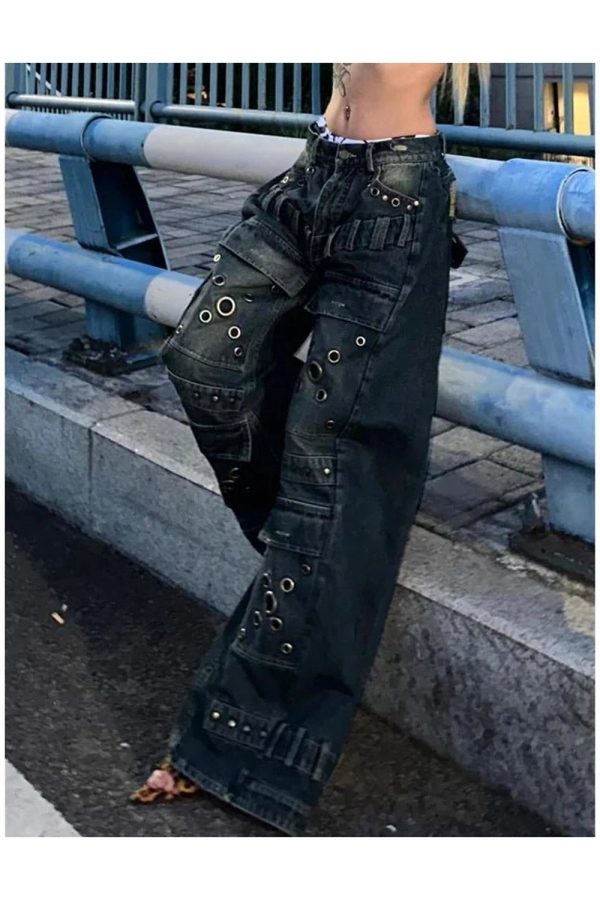 Trendy Y2K Industrial Grommet Cargo Jeans for Grunge Aesthetic Style