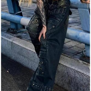 Trendy Y2K Industrial Grommet Cargo Jeans for Grunge Aesthetic Style