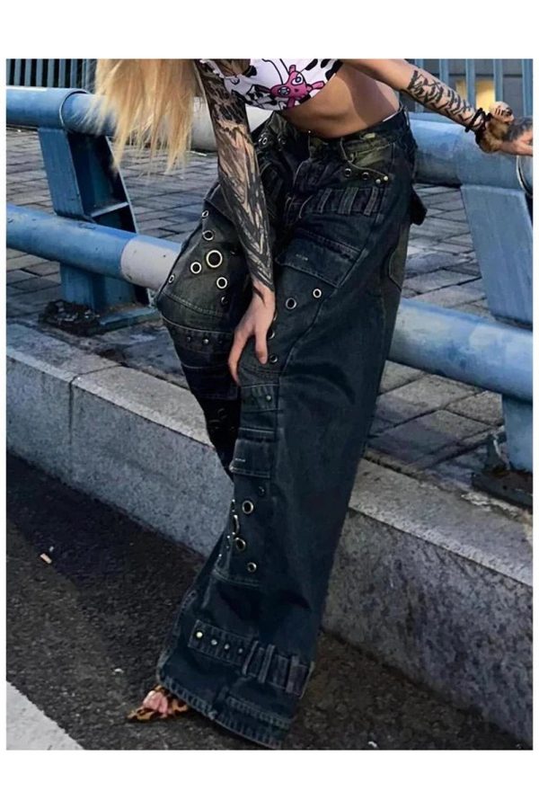 Trendy Y2K Industrial Grommet Cargo Jeans for Grunge Aesthetic Style