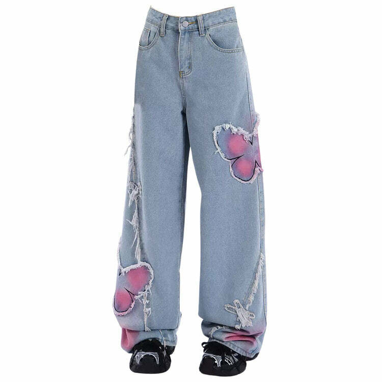 Trendy Y2K Pink Butterfly Wide Leg Jeans for Effortless Summer Style