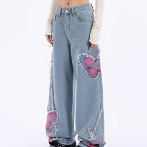 Trendy Y2K Pink Butterfly Wide Leg Jeans for Effortless Summer Style