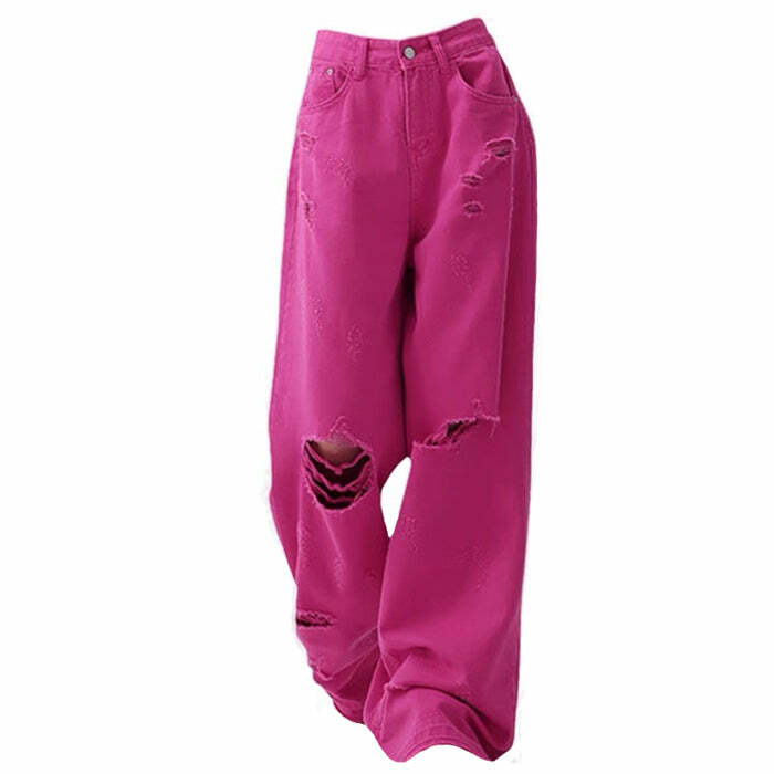 Trendy Y2K Pink Star Ripped Baggy Jeans for a Chic Summer Look