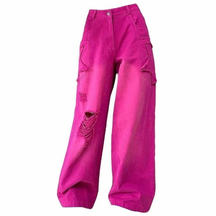 Trendy Y2K Pink Star Ripped Baggy Jeans for a Chic Summer Look