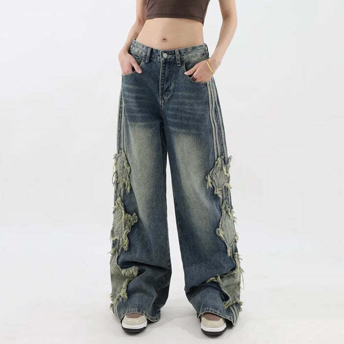 Trendy Y2K Side Stripe Star Jeans for a Chic 90s Aesthetic Look