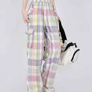 Trendy Y2K Soft Girl Plaid Cargo Pants for Effortless Summer Style