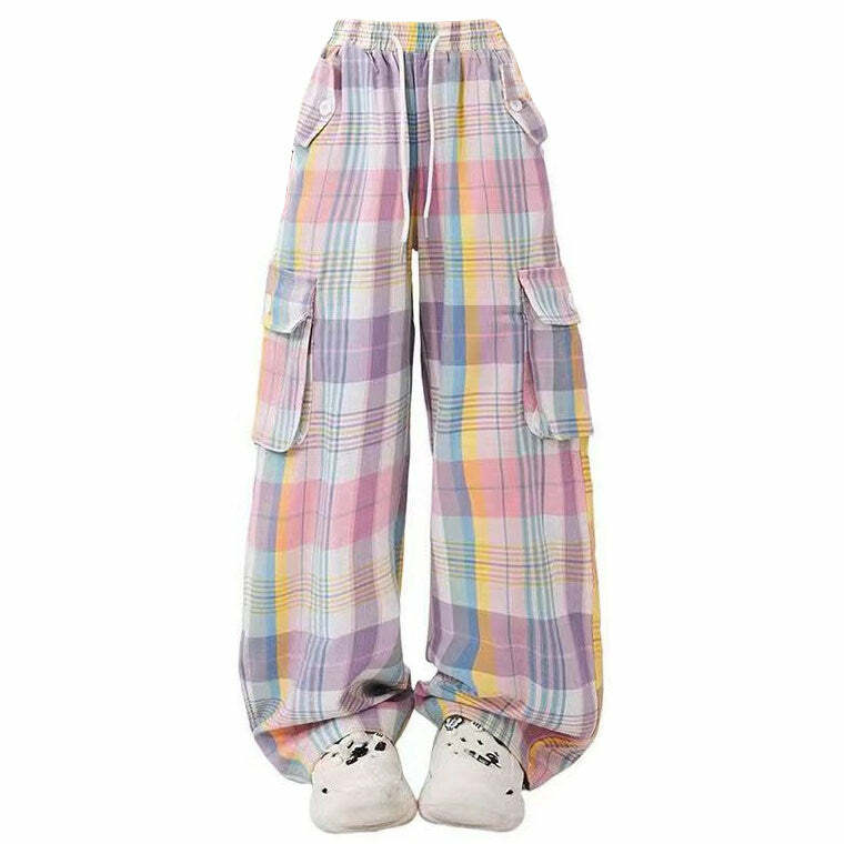 Trendy Y2K Soft Girl Plaid Cargo Pants for Effortless Summer Style