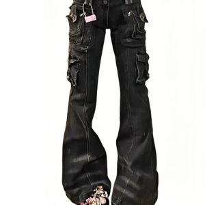 Trendy Y2K Utility Cargo Flare Jeans for Effortless Summer Style