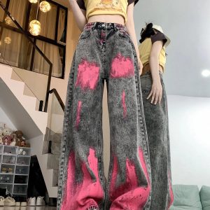 Trendy Y2K Wide-Leg Jeans with Graffiti Splash for Effortless Style