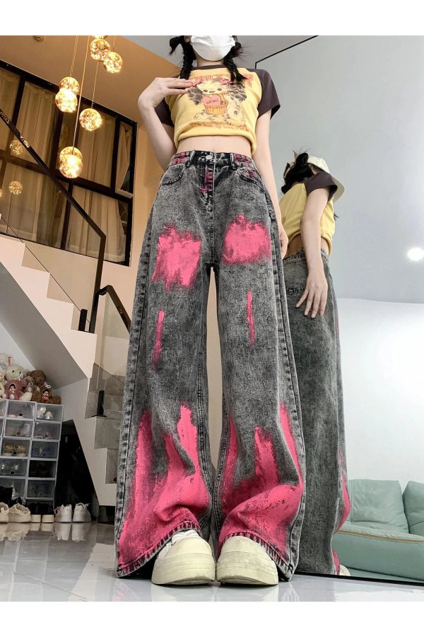 Trendy Y2K Wide-Leg Jeans with Graffiti Splash for Effortless Style