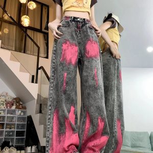 Trendy Y2K Wide-Leg Jeans with Graffiti Splash for Effortless Style