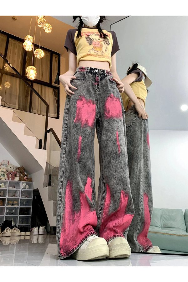 Trendy Y2K Wide-Leg Jeans with Graffiti Splash for Effortless Style