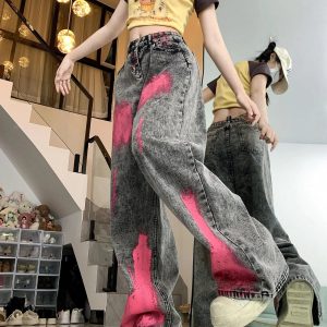 Trendy Y2K Wide-Leg Jeans with Graffiti Splash for Effortless Style