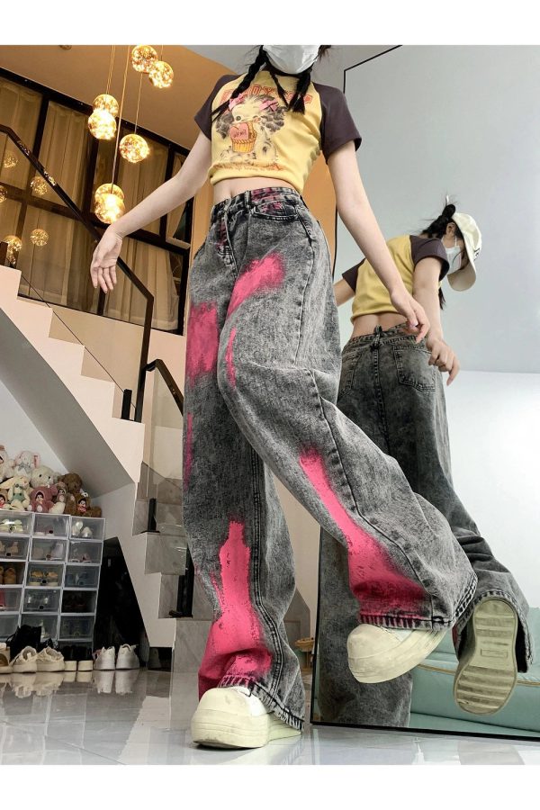 Trendy Y2K Wide-Leg Jeans with Graffiti Splash for Effortless Style