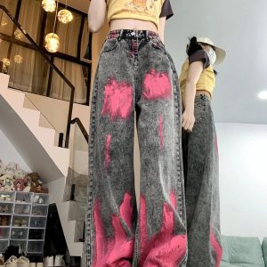 Trendy Y2K Wide-Leg Jeans with Graffiti Splash for Effortless Style